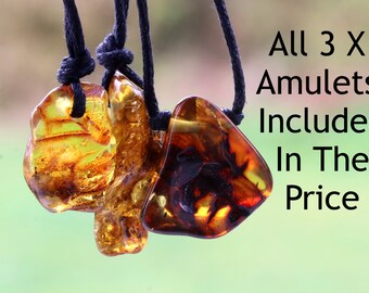 3 X Quirky Amber Amulets. All 3 Amulets Included In This Offer Quirky Natural Handmade Amber Pendant / Gem Amulet on adjustable cord