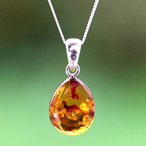 Classic Drop Adult Honey Amber Pendant / Sterling Silver Amber Gemstone / Baltic Amber Minimalist Cute Jewellery / Dainty Small Drop Pendant