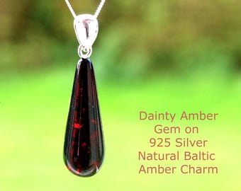 Ciondolo a goccia in argento sterling con ciliegia e ambra baltica – Pietra preziosa naturale