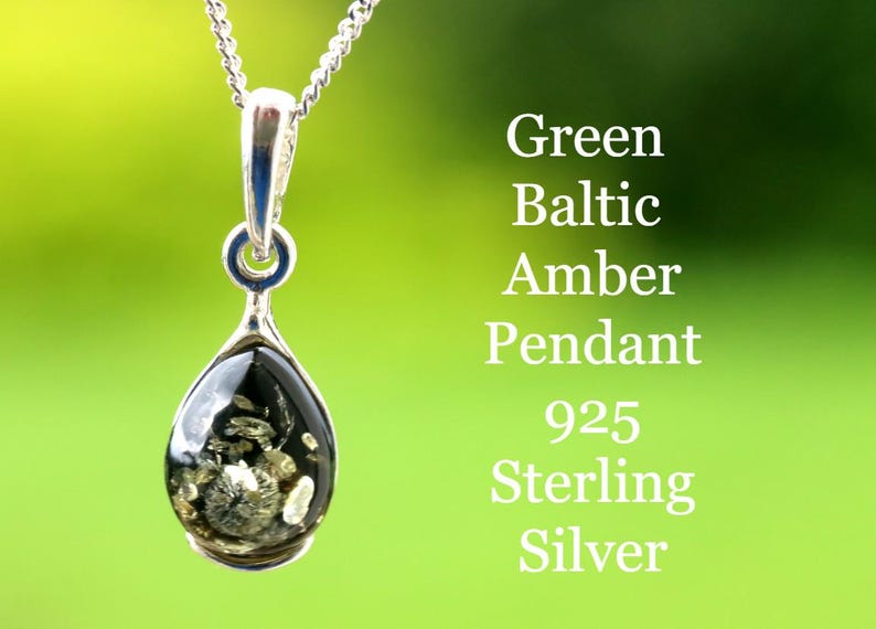 Dainty Green Baltic Amber Pendant: 925 Sterling Silver, Minimalist Jewelry image 2