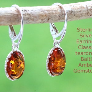 Beautiful Teardrop Amber Earrings / Silver Drop Earrings / Natural Baltic Amber Earrings / Gemstone jewelry / Quality Gift for Women