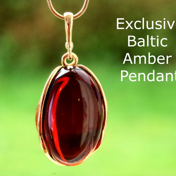 Only One Left Exclusive Classic Red Baltic Amber Drop Pendant on 925 Gold Plated Silver / Amber Pendant Gift Natural Baltic Amber Pendant