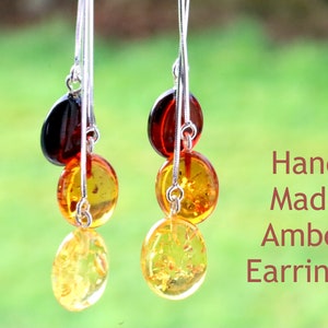 Sterling Silver Dangle Amber Earrings – 3-Tone Baltic Amber Drops