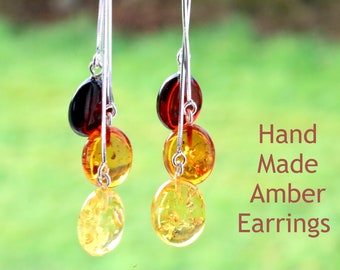 925 Sterling Silver Amber Earring Jewellery Gift / Dangle Drops of Amber / Baltic Amber Gemstone / Trio Colours Amber Earrings