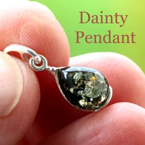 Dainty Green Baltic Amber Pendant: 925 Sterling Silver, Minimalist Jewelry image 3