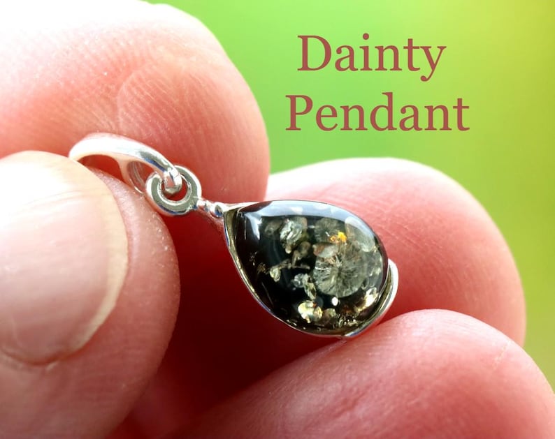 Dainty Green Baltic Amber Pendant: 925 Sterling Silver, Minimalist Jewelry image 3