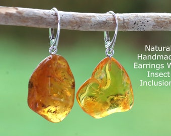 Handmade Mismatched Earrings With Insect Inclusion / Natural Amber and Sterling Silver Earrings / Gemstone  Amber Earrings