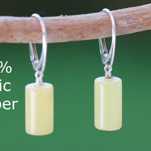Cylinder Baltic Amber Earrings on 925 Sterling Silver Lever Backs / Genuine Baltic Amber Gemstone Earrings