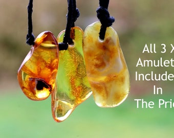 All 3 Amulets Included In This Offer of Unique Quirky Amber Amulets / Natural Handmade Baltic Amber Pendant / Gems adjustable cord