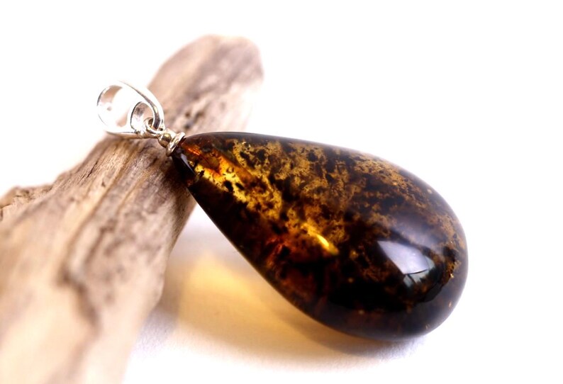 Natural Handmade Green Amber Pendant on Sterling Silver / Gemstone Eco Amber Jewelry image 3
