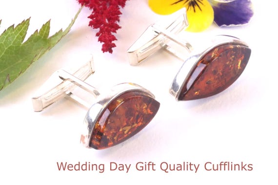 Boutons De Manchette Homme En Argent 925 Avec Ambre Naturel - Coffret Cadeau Élégant Pour Hommes