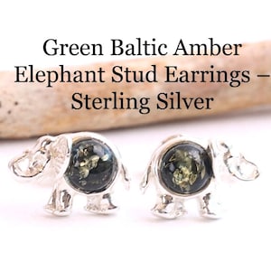 Gröna baltiska bärnstens elefantörhängen – Spirit Animal-smycken i sterlingsilver