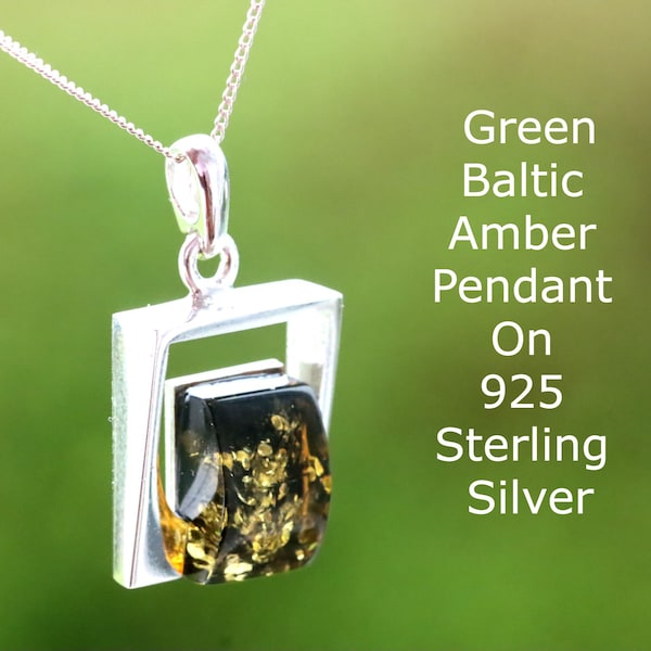 Green Baltic Amber Pendant / Sweet Gift Dainty 925 Silver Amber Gemstone Pendant Gift / Classic Square Green Pendant