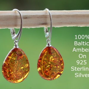 Beautiful Teardrop Amber Earrings / Amber Drop Earrings / Baltic Gemstone Earrings / Natural Baltic Amber jewelry / Amber Tear Drop Earrings