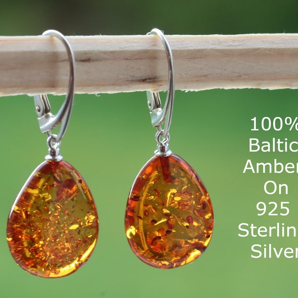 Beautiful Teardrop Amber Earrings / Amber Drop Earrings / Baltic Gemstone Earrings / Natural Baltic Amber jewelry / Amber Tear Drop Earrings