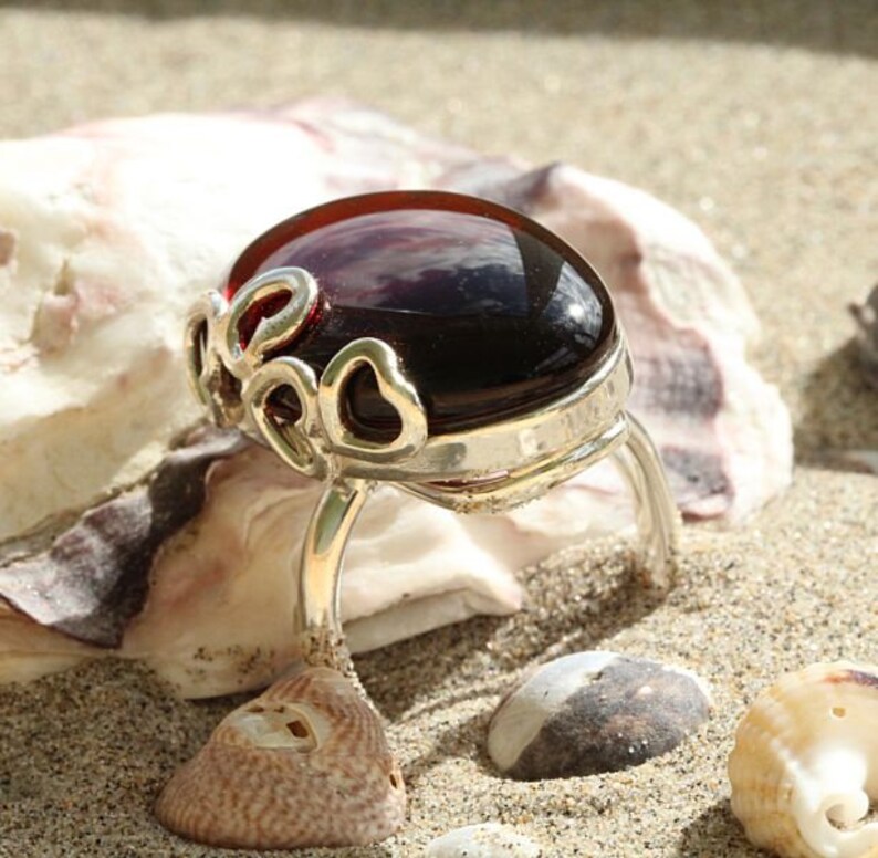 Blood Amber Ring Quality Cherry Baltic Amber Gemstone and Sterling Silver Ring Large Oval Shape Adjustable Ring Heart Motif