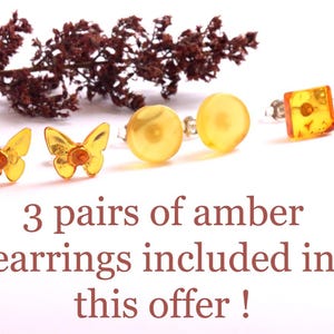 Amber Stud Earrings Set (3 Pairs) | Genuine Baltic Amber Gemstone Earrings in Sterling Silver | Classic 925 Silver Studs Jewelry Gift