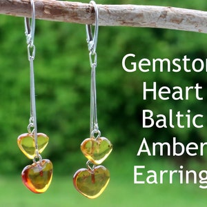 Gemstone Heart Baltic Amber Earrings / Dangling Heart Drop Amber Earrings | 925 Sterling Silver Jewelry | Amber for Love