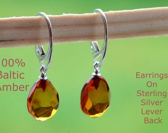 Quality Faceted Amber Earrings / Honey Amber Gemstone Gift / Baltic Amber Drop Earrings / 925 Sterling Silver Earrings