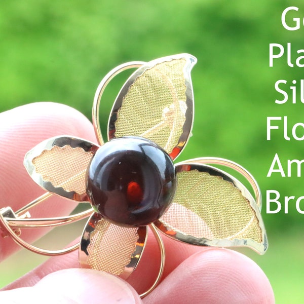 Unique Gemstone Gift Brooch / Gold Plated Silver Flower Amber Brooch / Amber Gem Brooch / Gift for a Lady / Ornamental Pin