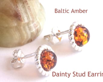 Dainty Circle Baltic Amber Gemstone Stud Earrings / Honey Gems Stud Earring Pair / Amber Gem studs / Quality 925 Sterling Silver