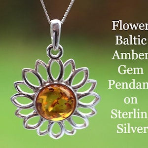 Flower Baltic Amber Pendant | Handmade Amber Charm on Sterling Silver | Amber Gemstone Jewelry | Summer Gift | Nature-Inspired Jewelry