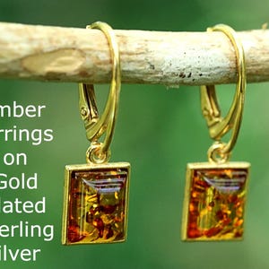 Grade AAA Baltic Amber Earrings on Gold Plated 925 Sterling Silver / Hand Made Drop Gemstone Earrings