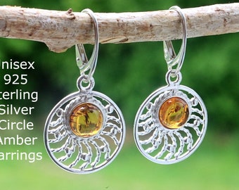 925 Sterling Silver Circle Gemstone Boucles d’oreilles Cadeau de la Saint-Valentin / Boucles d’oreilles Honey Baltic Amber Sun / Boucle d’oreille Paire Bijoux Cadeau