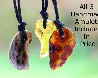 All 3 Handmade Amulets Included In This Offer Amber Amulets / Natural Handmade Baltic Amber Pendant / Gems adjustable cord