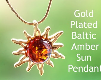 Gold Sun Pendant / Amber Gemstone on 925 Gold Plated Silver Sun Charm / Dainty Radiant Baltic Amber Gem / Certificate