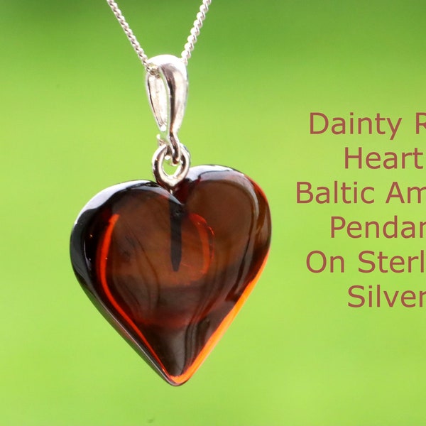 Heart Baltic Amber Pendant / Red Color Gemstone / 925 Sterling Silver Chain / Love Heart Charm Gift Unisex Gift