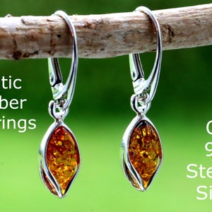 Sterling Silver Honey Amber Lever Back Earrings – Teardrop Baltic Amber Gems