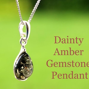 Dainty Green Baltic Amber Pendant: 925 Sterling Silver, Minimalist Jewelry image 1