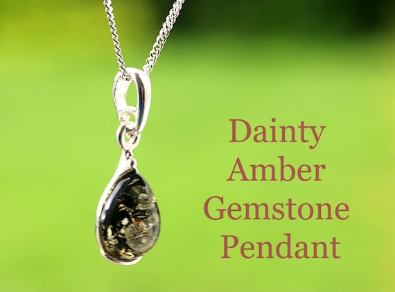 Dainty Green Baltic Amber Pendant: 925 Sterling Silver, Minimalist Jewelry