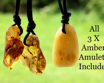 3 X Quirky Amber Amulets. All 3 Amulets Included In This Offer, Natural Handmade Amber Pendant / Gem Amulet on adjustable cord