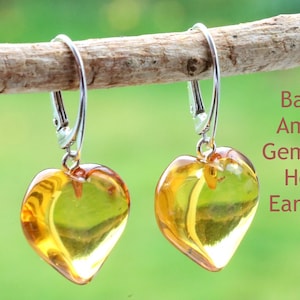 Light Honey Baltic Amber Heart Earrings | Hand-Shaped Gemstones | Unique Love Gift | 925 Sterling Silver | Eco Packaging & Certificate