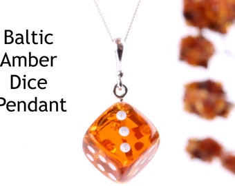 Lucky Dice Pendant on 925 Sterling Silver Amber Pendant / Minimalist Square Charm / Cube Dice Set / Game Die