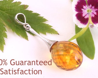 Ciondolo a globo sfaccettato in ambra baltica – Autentica gemma d'ambra su argento sterling 925 – Qualità garantita – Ciondolo con gemma naturale, idea regalo