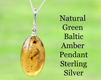 Green Baltic Amber Pendant in Sterling Silver | Dainty Natural Gemstone Jewelry | Handmade Amber Pendant Gift