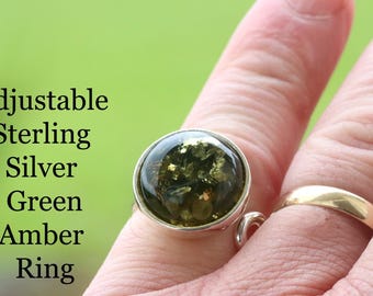 Sterling Silver Green Baltic Amber Ring –Gemstone Jewelry - Statement Ring
