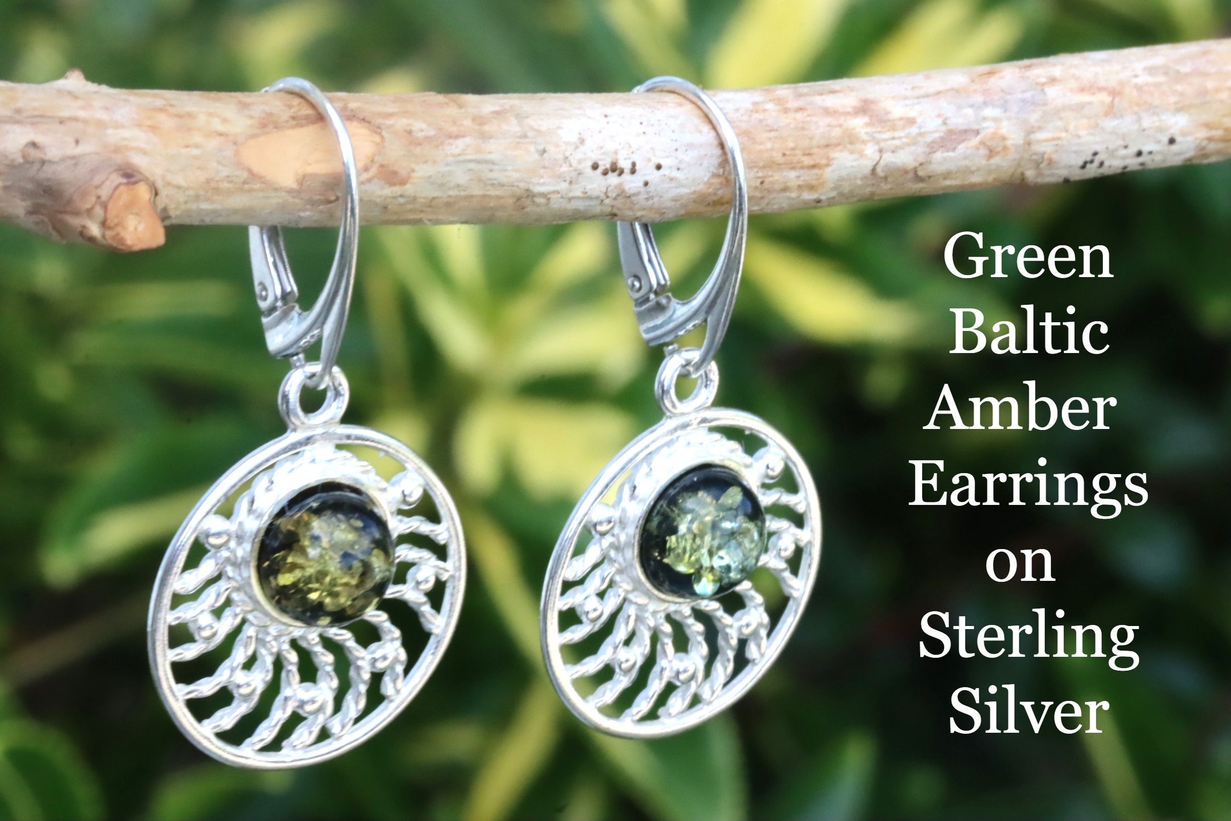 Sterling Silver Sunburst Earrings with Green Baltic Amber – Circle Sun Design – Natural Gemstone Earrings – Unique Gift for Her