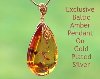 Exclusive Baltic Amber Pendant On Gold Plated Silver Amber Gemstone /  Amber Gem