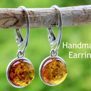 Handmade Sterling Silver Baltic Amber Earrings / Amber Drop Earrings Gift / Genuine Gemstone Circles / Amber Drops