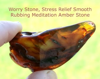 Baltic Amber Gem / Worry Stone, Stress Relief Smooth Rubbing Meditation Stone, Wellness Gift & Card, Palm , Healing Energy Amber Gemstone