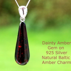 Sterling Silver Cherry Baltic Amber Drop Pendant – Dainty Natural Gemstone Charm
