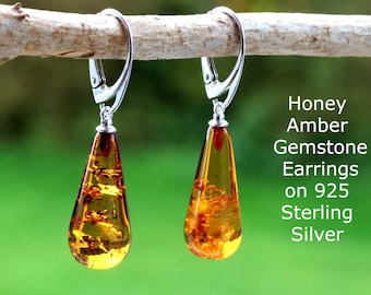 Drop Amber Earrings / Honey Amber Drop Gems / Genuine Baltic Amber Gem Teardrops on 925 Sterling Silver Earrings / Gift for Women