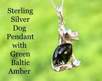 Sterling Silver Dog Pendant with Green Amber Gem | Gift for Dog Owner | Dog Charm Jewelry