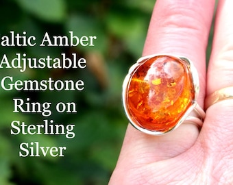 Bague en ambre de la Baltique / Bague avec pierres précieuses réglables en argent sterling / Bague en argent audacieux / Grande bague tendance / Alliance en argent 925