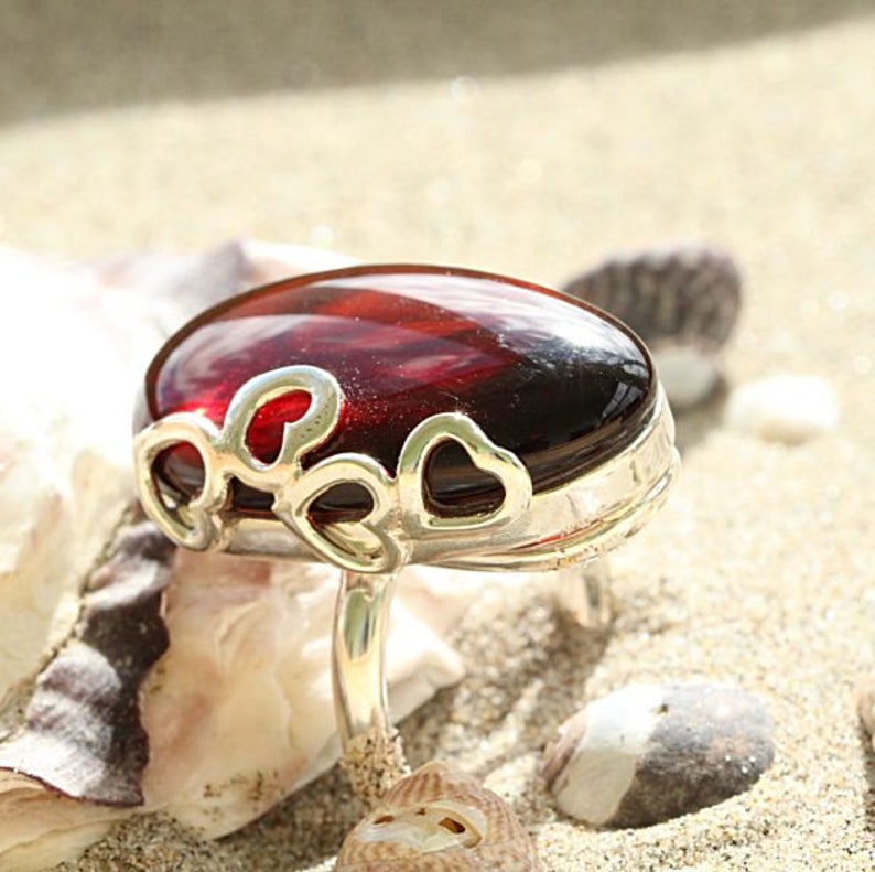 Blood Amber Ring Quality Cherry Baltic Amber Gemstone and Sterling Silver Ring Large Oval Shape Adjustable Ring Heart Motif