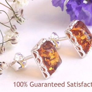 Baltic Amber Stud Earrings | 925 Sterling Silver Natural Gemstone Earrings | Minimalist Amber Jewelry | Gift for Her
